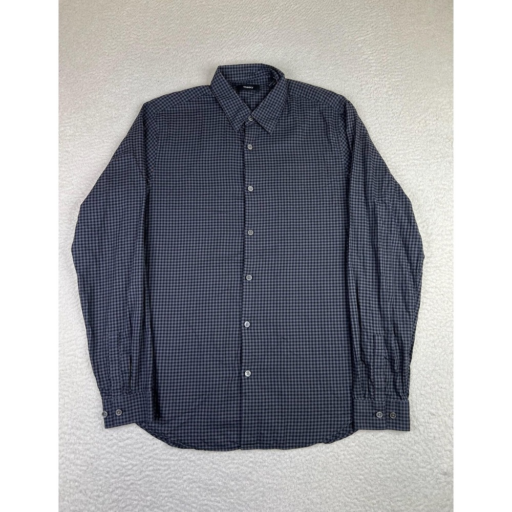 Theory Shirt Mens Medium Gray‎ Gingham Cotton Flannel Long LS Button Up Casual